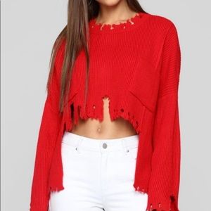 Fashion Nova Red Distressed Cropped Sweater